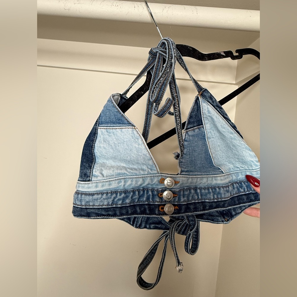 Denim Patchwork Halter Top - image 1
